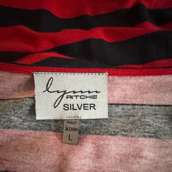 Lynn Ritchie Silver/Red and Black striped/Long Sleeve Tee/layered front/ Large - Picture 7 of 9